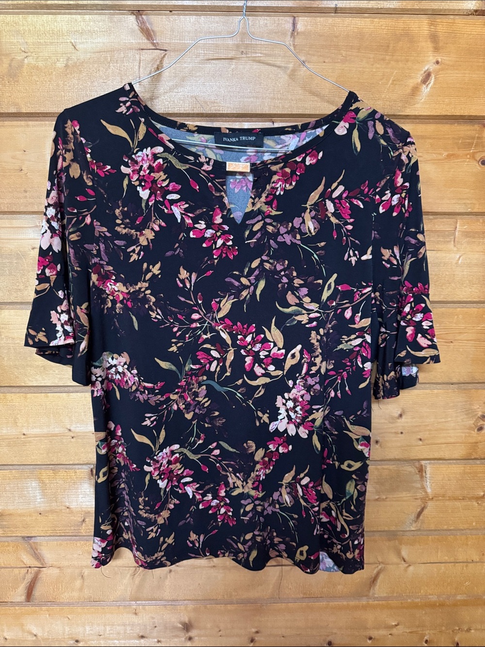 Ivanka Trump Black Floral Short Sleeve V-Notch Top